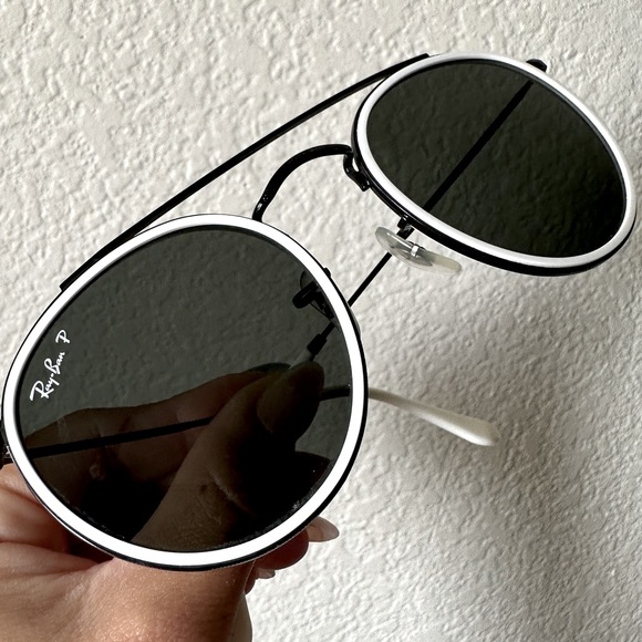 Ray Ban Round Double Bridge Customized Sunglasses | Black Frames White Trim - Picture 5 of 13